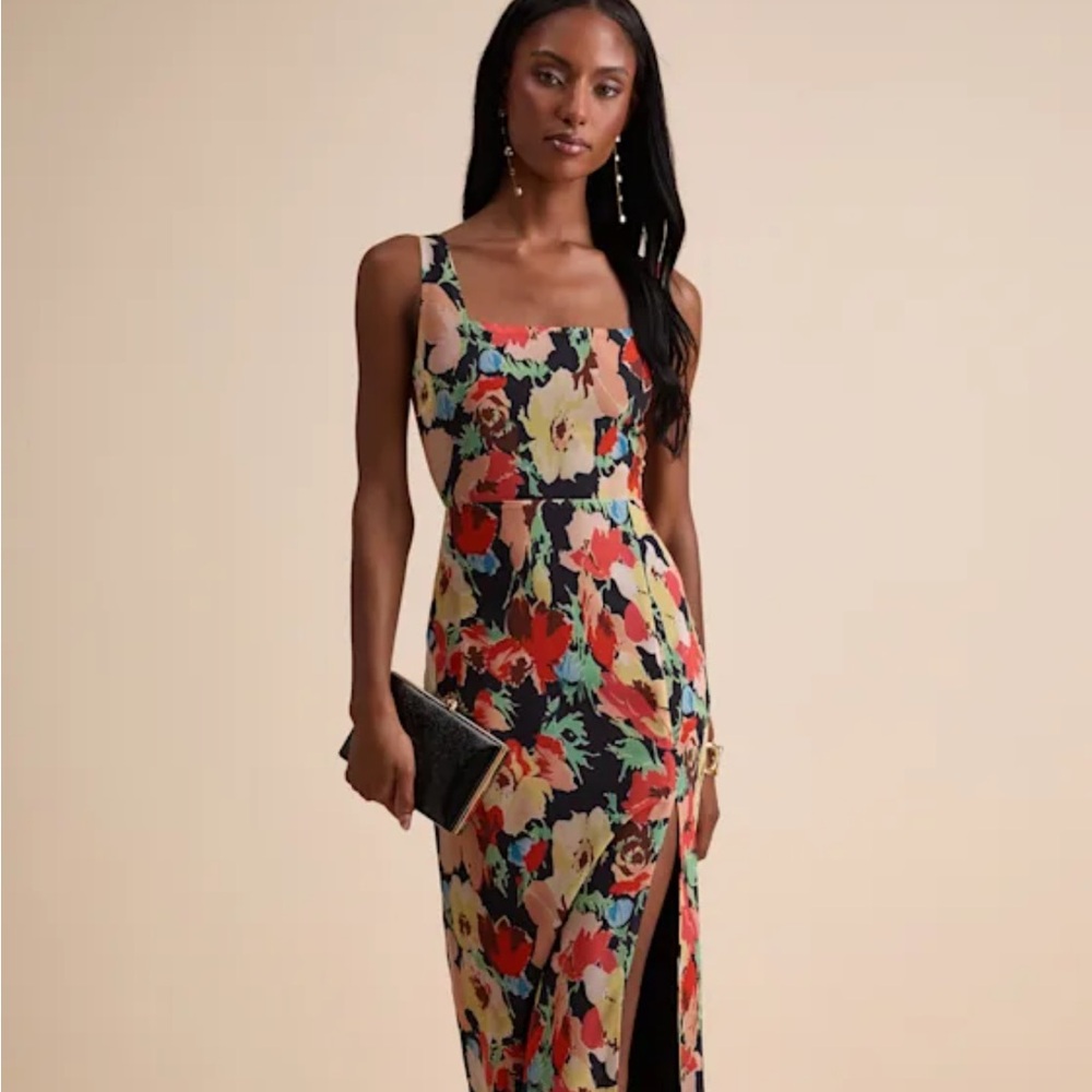Lulu’s Miya Black Multi Floral Sleeveless Maxi Dress
